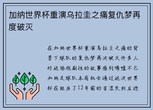 加纳世界杯重演乌拉圭之痛复仇梦再度破灭